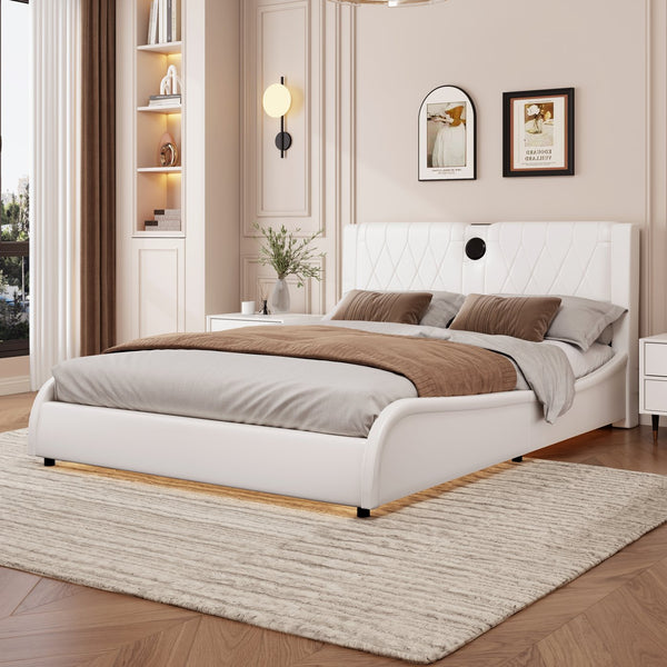 English Elm King Luxurious Faux Leather Upholstered Platform Bed with Storage Headboard, Bluetooth Speakers & RGB Lights White 78.35 L x 19.69 W x 12.99 H N701P241048C