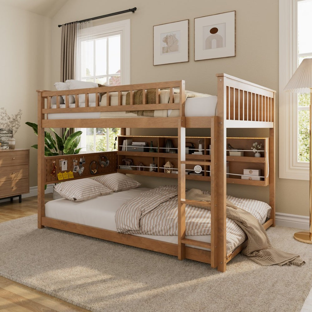 English Elm Full Over Bunk Bed with Led Lighting Pegboard Shelving and Pine Wood Frame Brown LT000278AAP