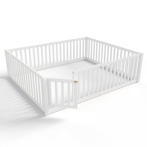English Elm Queen Kids Floor Bed Pine Wood Frame with Safety Rails Door and Low Profile Design Light White W1580P417672