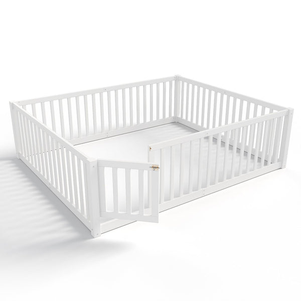 English Elm Queen Kids Floor Bed Pine Wood Frame with Safety Rails Door and Low Profile Design Light White W1580P417672