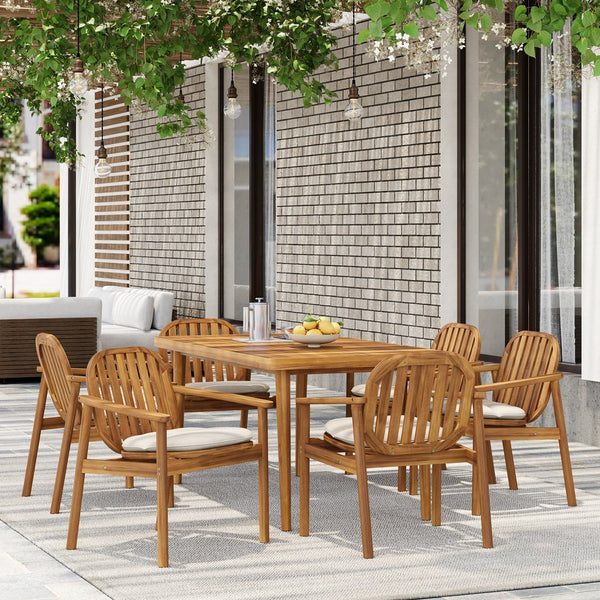 English Elm Christopher Knight Home® - Meja Acacia 7PCS Outdoor Patio Dining Set Teak & Beige with Umbrella Hole, Cushioned Eucalyptus Chairs MEJA7PCSET