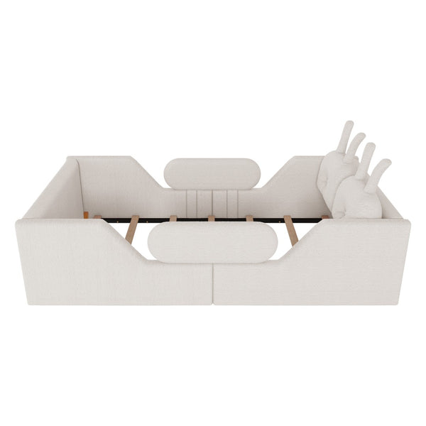 English Elm Twin Kids Platform Bed Teddy Fabric Upholstered with Bunny Cushions and Safety Rails White W2593P395806