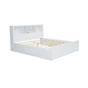 English Elm King Platform Bed with Multi-Storage Headboard, Built-In USB & Outlets, Side Drawers, Modern Design White GX000400AAK
