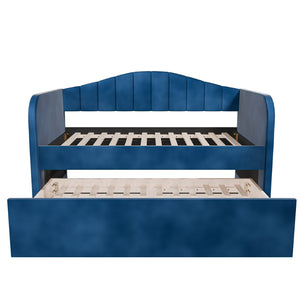 English Elm Modern Velvet Upholstered Daybed with Trundle Plush Low Profile Frame for Guest Rooms Navy Blue B011S02048