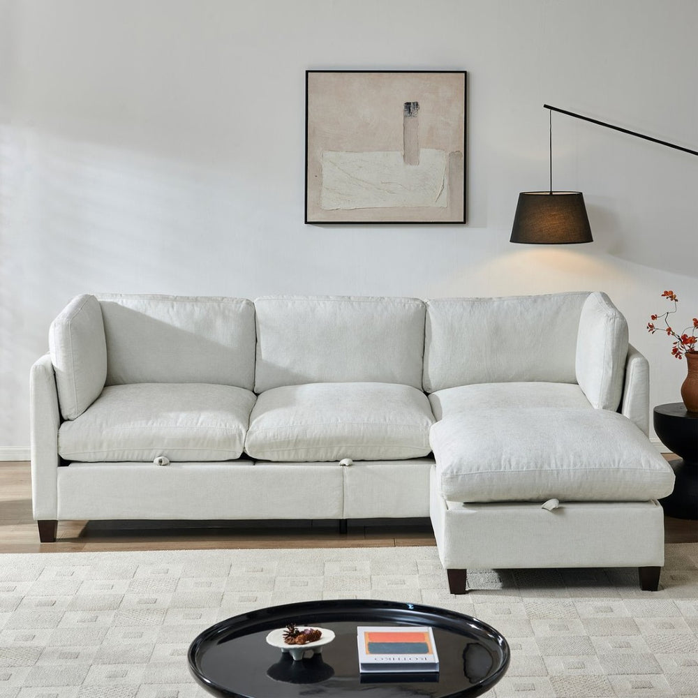 English Elm 96.5" L-shaped Chenille Sectional with Storage Ottoman Eucalyptus Frame Living Room Beige W1097S00279