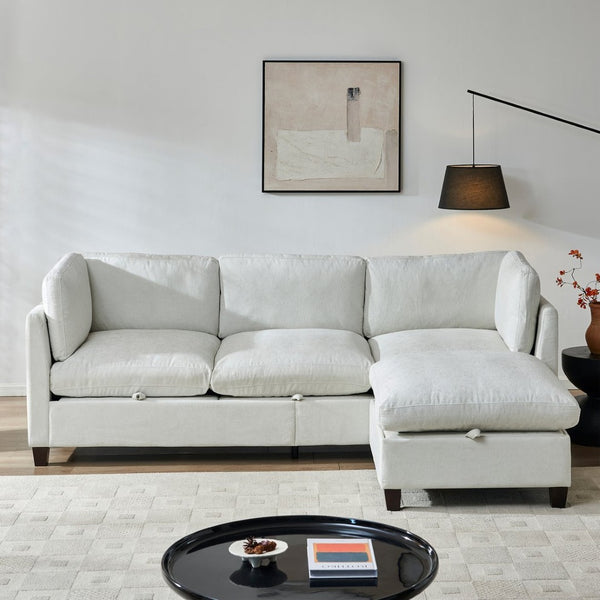 English Elm 96.5" L-shaped Chenille Sectional with Storage Ottoman Eucalyptus Frame Living Room Beige W1097S00279