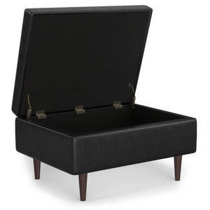 English Elm Shay Mid Century Storage Ottoman Coffee Table with Lift-Top, Tufted Vegan Leather, Wood Frame Distressed Black B136P252679