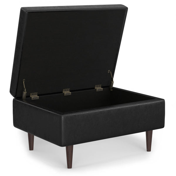 English Elm Shay Mid Century Storage Ottoman Coffee Table with Lift-Top, Tufted Vegan Leather, Wood Frame Distressed Black B136P252679