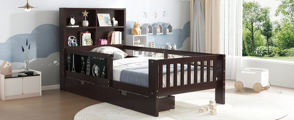 English Elm Twin Chalkboard Platform Bed with Drawers & Shelves, Solid Wood Kids Bed with Storage and Creative Headboard Espresso W1580P362705