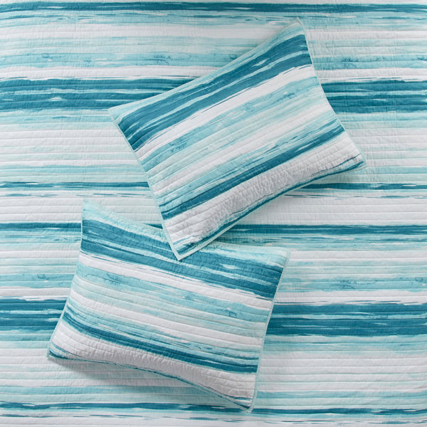 English Elm 6 Madison Park Marina Reversible Quilt Set Full/Queen with Coastal Watercolor Stripes and Embroidered Pillows Aqua 22.44 L x 17.72 W x 6.69 H B03597638