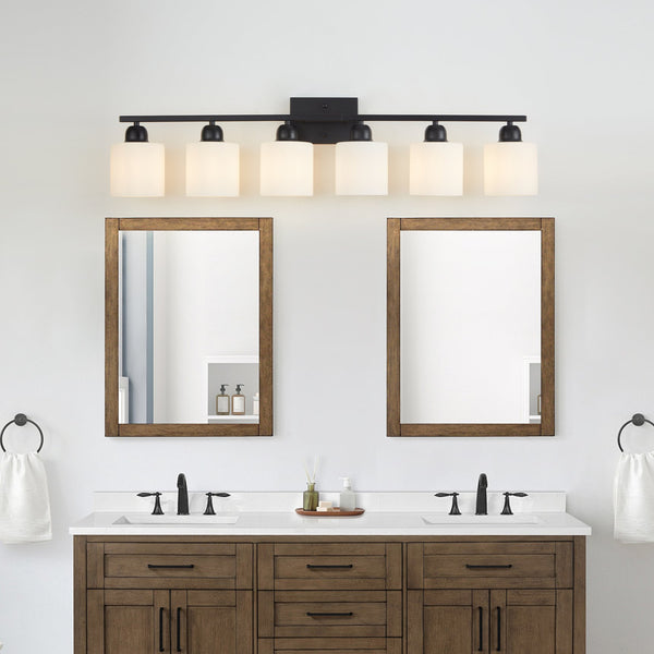 English Elm 6-Light Black Vanity Light Bar 38" Modern Matte Iron & Glass Wall Sconce for Bathroom Mirror W2312P374848