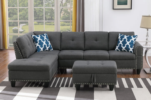 English Elm Black Faux Leather Sectional Sofa with Cup Holders Storage Ottoman and Nailhead Trim Dark Gray B2730S00025