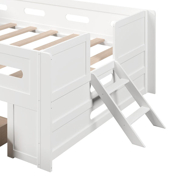 English Elm Wood Twin Platform Bed for Kids with Fence Guardrail and Under Storage Drawer White N709P385776K