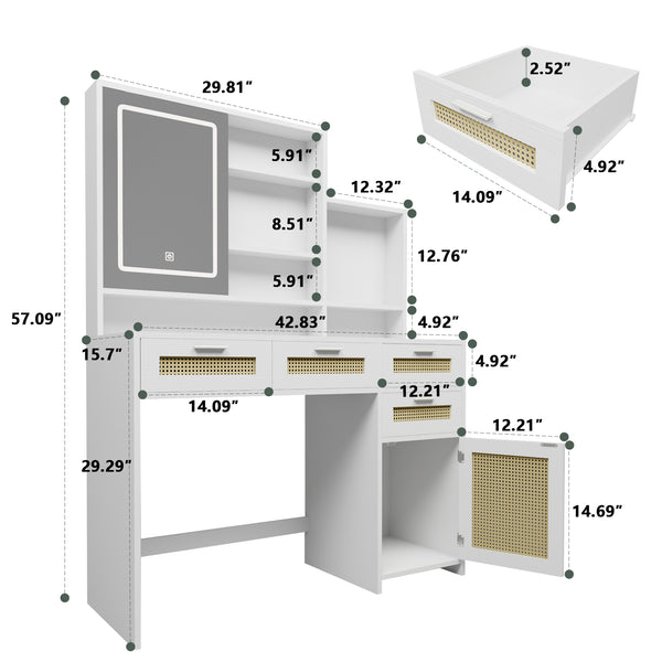 English Elm Makeup Vanity with Lights, Openable Mirror & Ample Storage Shelves, 4 Drawers and Cabinet Elegance White W2227P160483