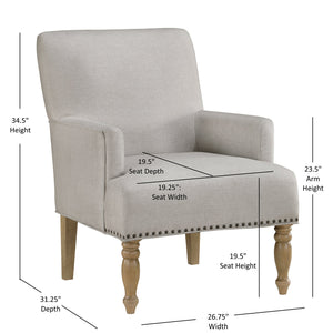 English Elm Alice Beige Arm Chair with Pecan Legs, Brass Nailhead Trim, Pocket Coil Springs, Easy-Clean Polyester Upholstery B050P229959