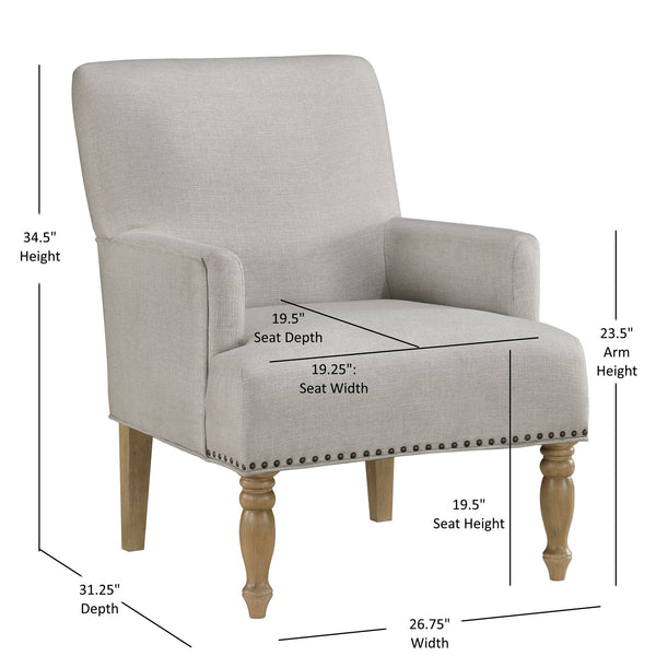 English Elm Alice Beige Arm Chair with Pecan Legs, Brass Nailhead Trim, Pocket Coil Springs, Easy-Clean Polyester Upholstery B050P229959