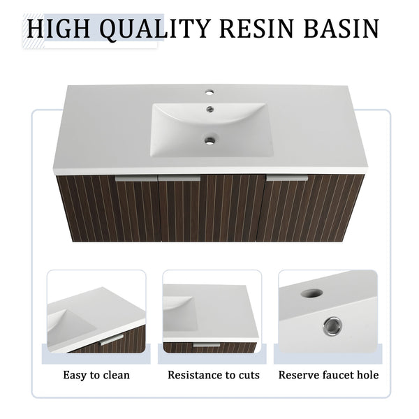 English Elm 48 Inch Silver-Brown Stripe Vanity with Resin Sink, Wall-Mounted 3-Door Storage, Soft-Close Hinges W999P206328
