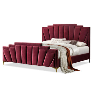 English Elm Glam Plush Flannelette Queen Bed with Shell Tufting and Padded Headboard on Metal Legs for Style Gold,Red 84 L x 26 W x 5 H B2741S00335