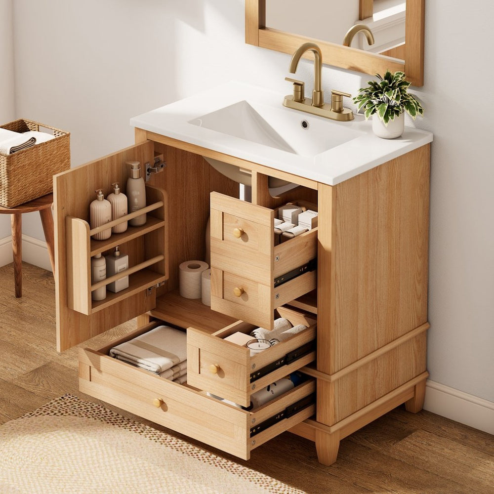 English Elm [video] 30 Inch Freestanding Bathroom Vanity White Mdf Pine Legs Ceramic Sink Soft Close N759P394441N
