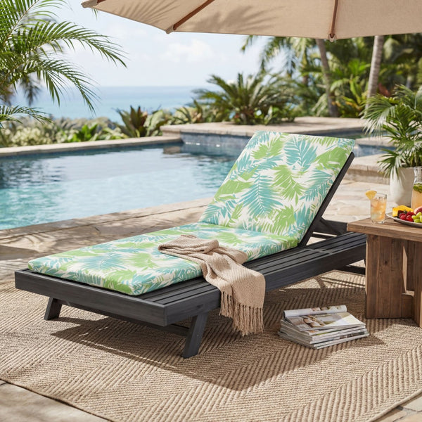 English Elm Lounge Chaise Outdoor Acacia Wood Slatted Frame with Water Resistant Cushion Resort Style Black,Green Leaf N770P442B18L