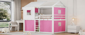 English Elm Full Size Kids Playhouse Bunk Bed Pinewood Frame with Tent Roof and Window Cutouts Pink LT000380AAH-1