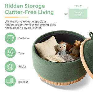 English Elm 29" Round Boucle Storage Ottoman Sculptural Wood Base Reversible Lid Living Room Green N723P405304G