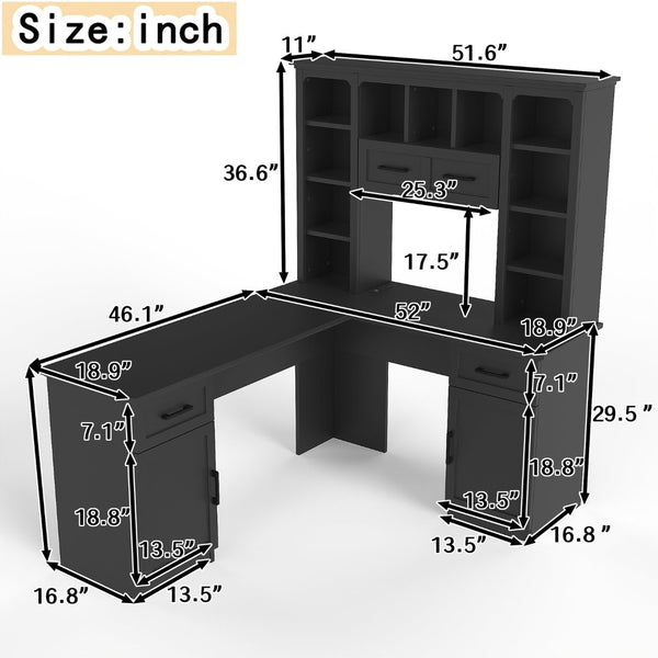 English Elm L-shaped Home Office Desk with Open Shelves Flip Shelf Cabinets and Drawer Storage Black W1580S00493