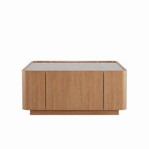 English Elm 31.5-inch Square Walnut Coffee Table Tempered Glass Top with Hidden Storage Drawers W2263P458486