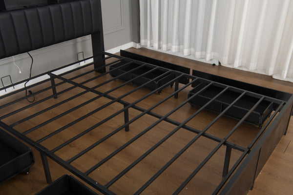 English Elm Queen Storage Bed Frame with Led Lighting Charging Station and Four Under Drawers W1670S00030