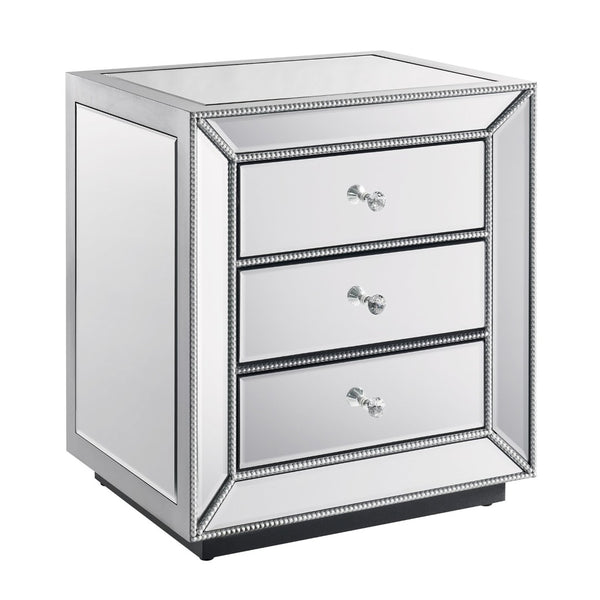 English Elm Three Drawer Mirrored Cabinet with Pearl Lacquer Finish and Crystal Pulls for Glam Decor W1005P416743