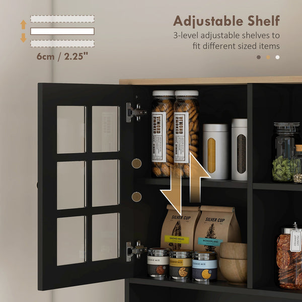 English Elm HOMCOM 72" Kitchen Pantry Hutch Cabinet with Glass Doors, Large Countertop, Adjustable Shelves, Black W2225P200665
