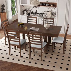 English Elm 7 Piece Farmhouse Dining Set Oak Veneer Extendable Table Six Upholstered Chairs Beige,Walnut N752S000090D-1