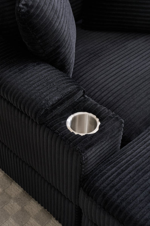 English Elm Corduroy Upholstered Chaise Lounge Sofa with Movable Ottoman, Cup Holder, Deep Seat Comfort Black W2120S00011