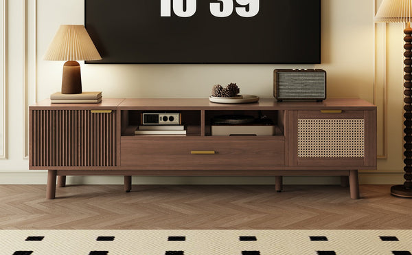 English Elm Wood TV Stand for 75" TVs with Rattan Drawers, Soft-Close Doors, Drop-Down Storage, Waterproof Finish N710P257619P