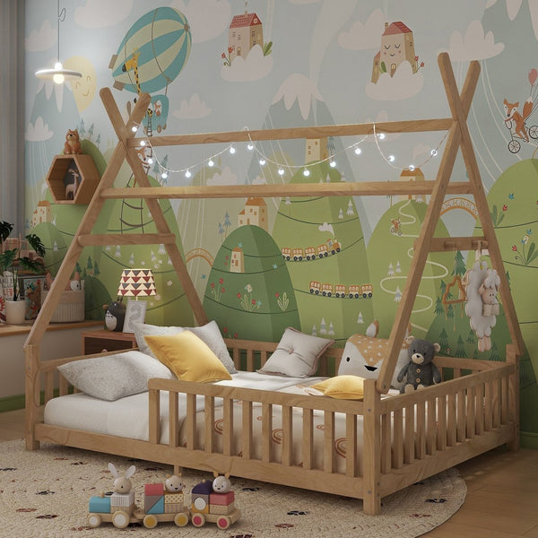 English Elm Full House Kids House Bed with Roof & Fence, Low Floor Solid Pine Frame, Stylish Nightlight Ready Natural 80.91 L x 15.55 W x 6.5 H W2593P296922