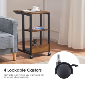 English Elm Shaped End Table with Lockable Wheels and Two-Tier Storage — C-Shape Rolling Side Table for Sofa Brown T3623P409440