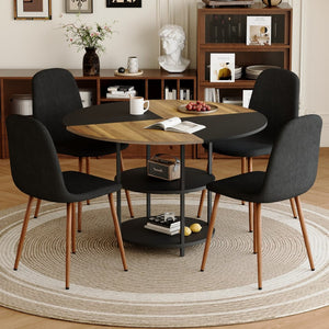 English Elm Table and Chair Set 47 Inch Round Mdf Spliced Top with Dual Tier Storage 4 Seats Black,Dark Walnut,Wood W1151S03335