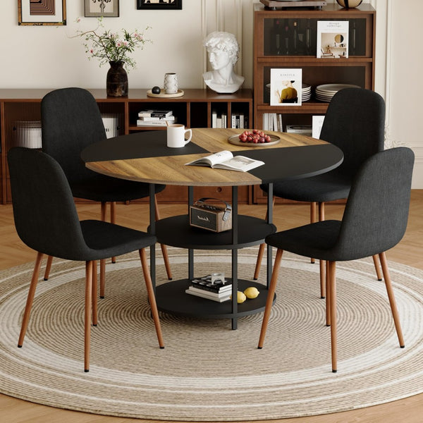 English Elm Table and Chair Set 47 Inch Round Mdf Spliced Top with Dual Tier Storage 4 Seats Black,Dark Walnut,Wood W1151S03335