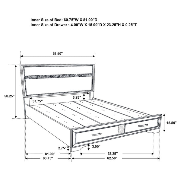 English Elm Corbin Queen Bedroom Set with Crystal Pulls Metallic Trim and Footboard Storage Drawers Black B062S00785