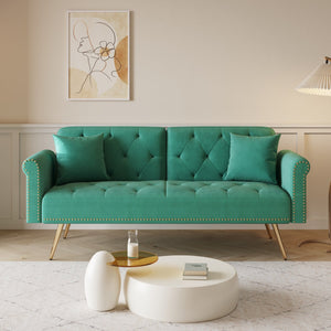 English Elm A Velvet 69.7" Sofa Bed with Gold Legs, Nailhead Trim, 2-Seater Convertible Sofa with Pillow Green W3356P298451