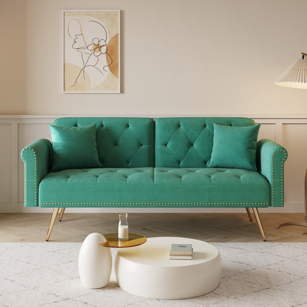 English Elm A Velvet 69.7" Sofa Bed with Gold Legs, Nailhead Trim, 2-Seater Convertible Sofa with Pillow Green W3356P298451