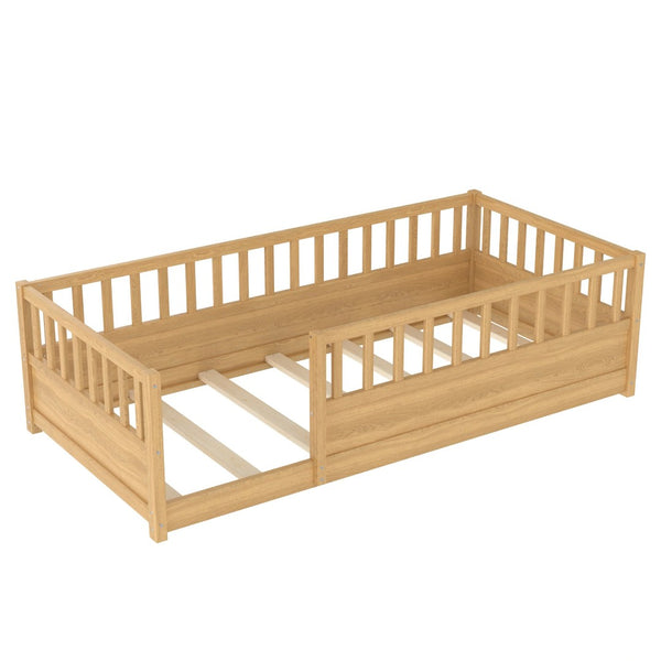 English Elm Twin Montessori Floor Bed Solid Pine Frame with Safety Fence Door for Kids Play Space Natural W1858P382399