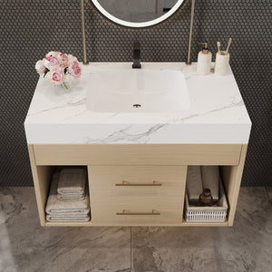 English Elm 29.9" Floating Bathroom Vanity Sintered Stone Top Soft Close Drawers Bronze Gold Hardware White,Wood W3136S00039