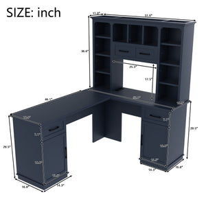 English Elm L-Shaped Corner Desk with 3 Cabinets, 2 Drawers & 11 Shelves, Built-In Power Outlet for Home Office Antique Blue W1580S00190