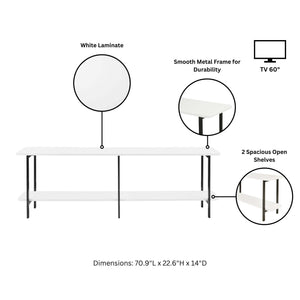 English Elm Celine 71" Console Table with Two Open Shelves, Durable Veneer Top & Black Steel Legs for Display White B365P397676
