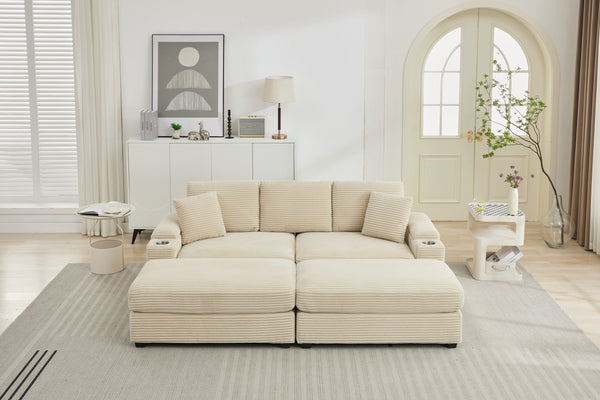 English Elm Corduroy Upholstered Chaise Lounge Sofa with Movable Ottoman, Cup Holder, Deep Seat Comfort Beige W2120S00008