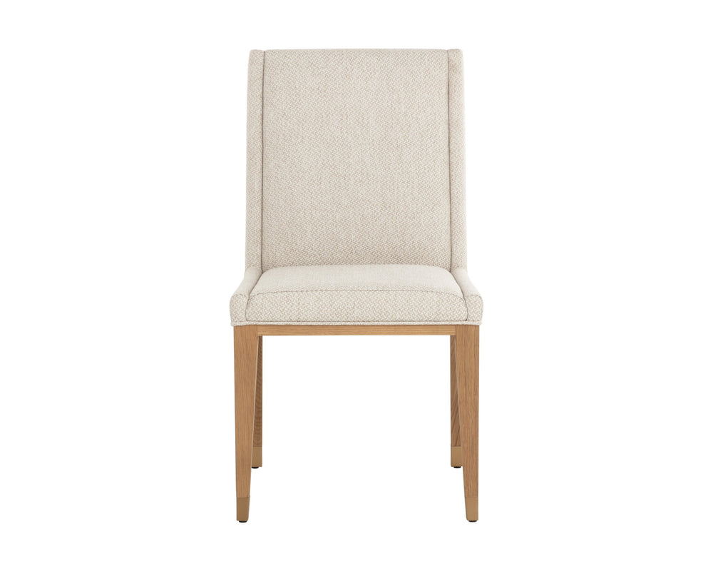 Sunpan Kalla Dining Chair - Stylish Monument Oatmeal Upholstery With Rustic Oak Base & Gold Accents Taupe Fabric 112046