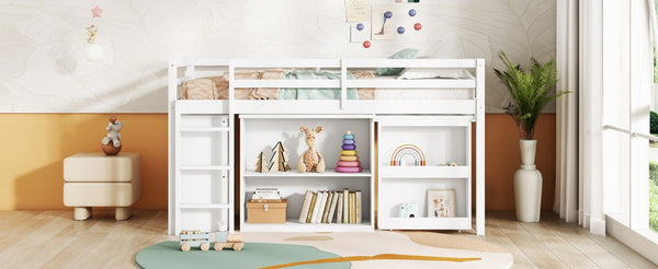 English Elm Twin Loft Bed With Storage Cabinets, Pull-Out Desk & Safety Guardrail - Modern Rubberwood Design W504S00202-GIGA