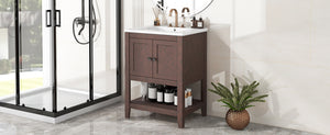 English Elm 24" Modern Sleek Bathroom Vanity with Ceramic Sink, Solid Wood Frame, Waterproof Finish and Open Shelf Storage Brown N725P246473D
