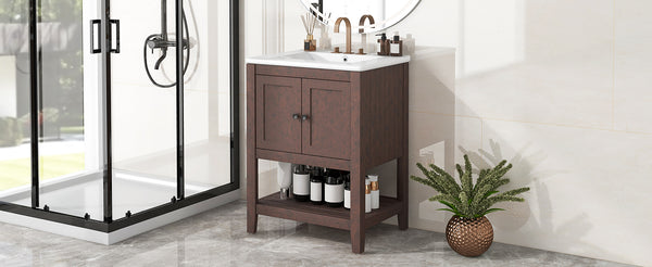 English Elm 24" Modern Sleek Bathroom Vanity with Ceramic Sink, Solid Wood Frame, Waterproof Finish and Open Shelf Storage Brown N725P246473D